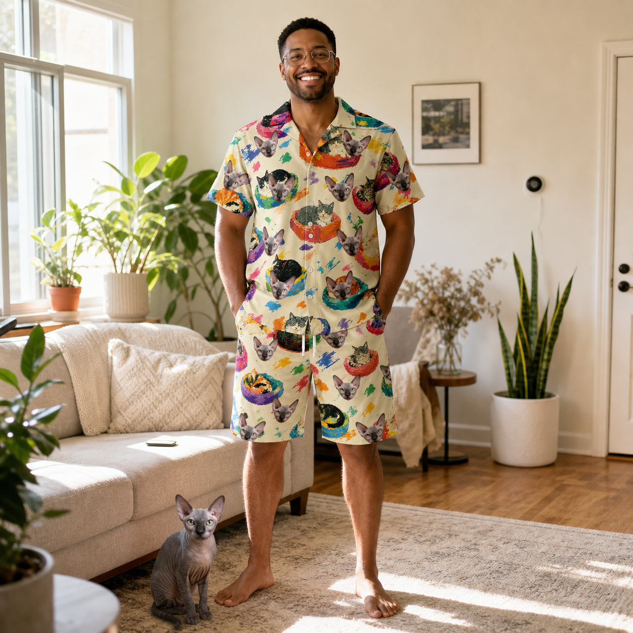 Full-length photo with the pet printed all over this Men's Catnap Cabins Custom Cat Face Shirt & Shorts Set