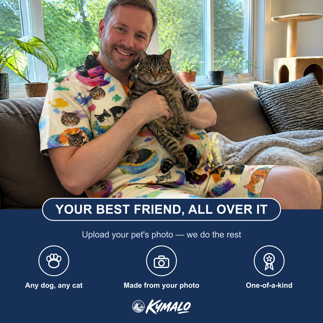 Friends in matching Men's Catnap Cabins Custom Cat Face Shirt & Shorts Set — a group gift photo