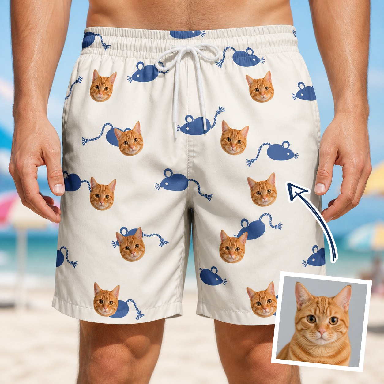 Man wearing Men's Mouse Mêlée Custom Cat Face Beach Shorts — custom faces printed all-over