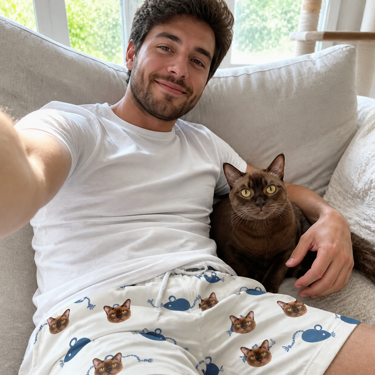 Selfie with the pet whose face is printed all over this Men's Mouse Mêlée Custom Cat Face Beach Shorts