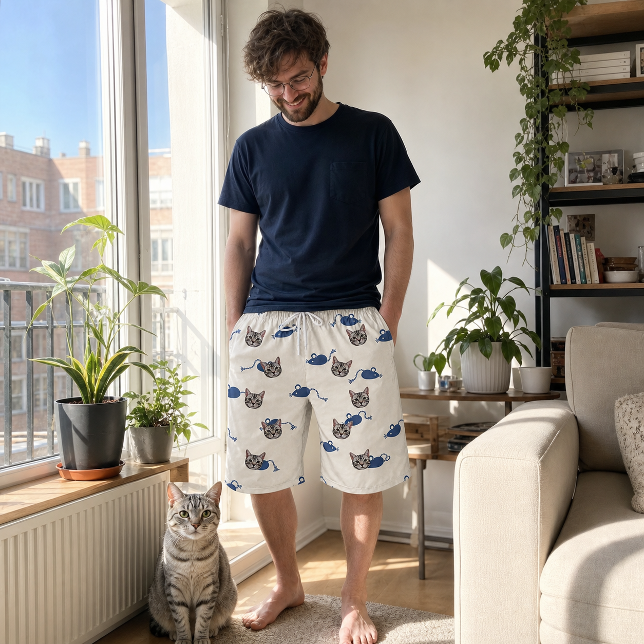 Full-length photo with the pet printed all over this Men's Mouse Mêlée Custom Cat Face Beach Shorts