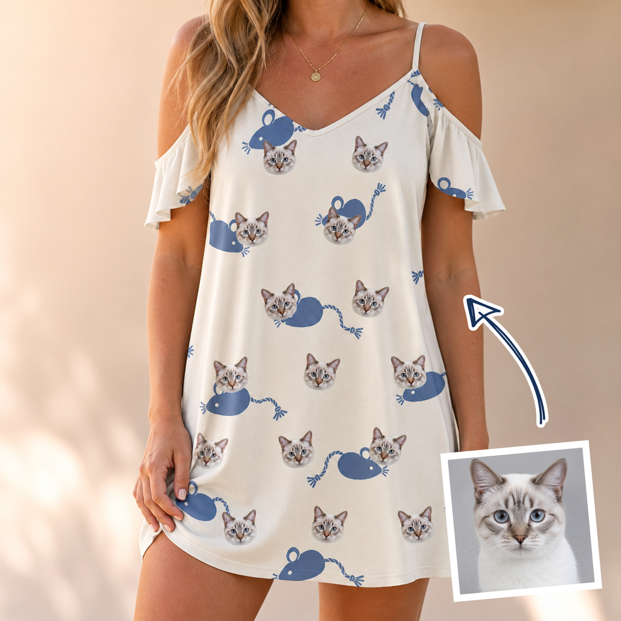 Woman wearing Women's Mouse Mêlée Custom Cat Face Off-Shoulder Dress — custom faces printed all-over