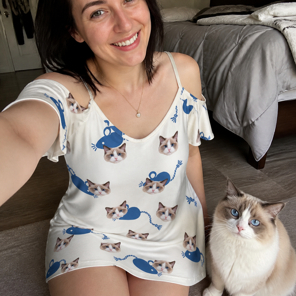 Selfie with the pet whose face is printed all over this Women's Mouse Mêlée Custom Cat Face Off-Shoulder Dress