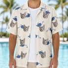 Man wearing Men's Mouse Mêlée Custom Cat Face Hawaiian Shirt open over a white tee