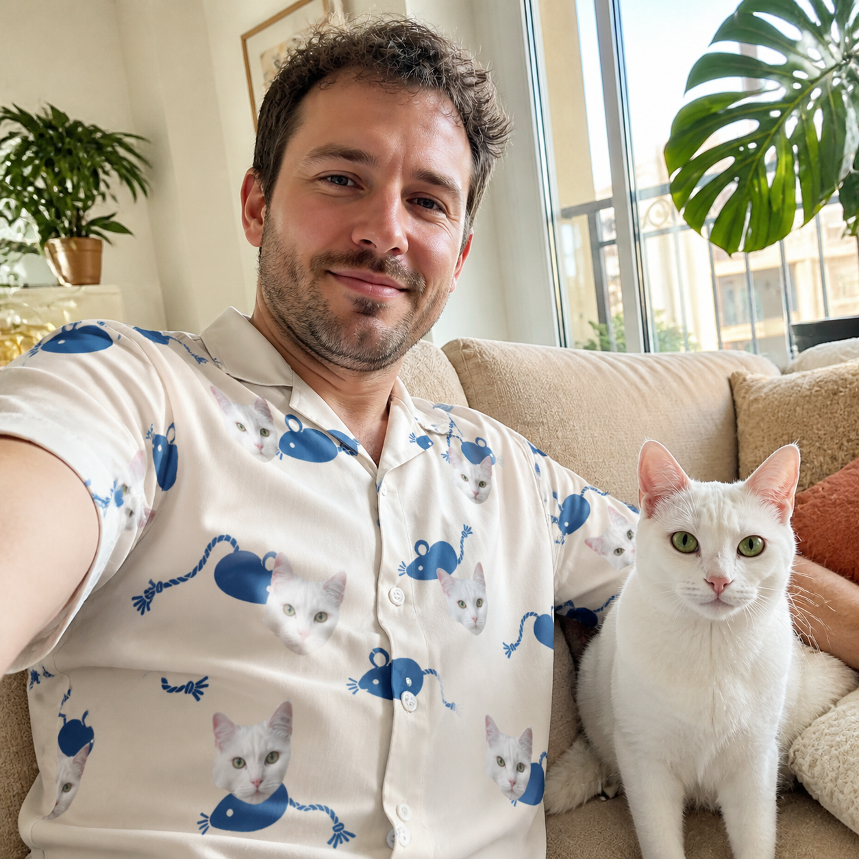 Selfie with the pet whose face is printed all over this Men's Mouse Mêlée Custom Cat Face Hawaiian Shirt
