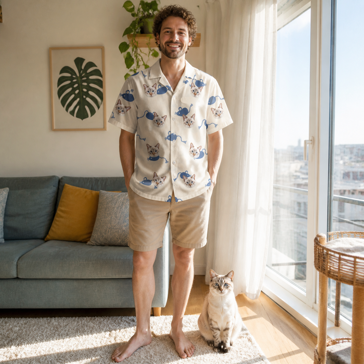 Full-length photo with the pet printed all over this Men's Mouse Mêlée Custom Cat Face Hawaiian Shirt