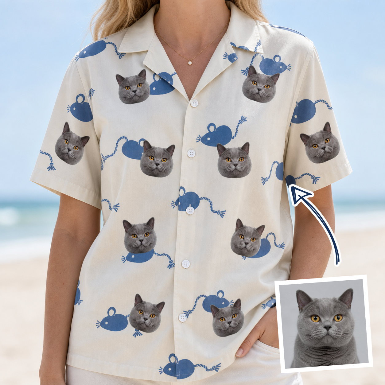 Woman wearing Women's Mouse Mêlée Custom Cat Face Hawaiian Shirt — custom faces printed all-over