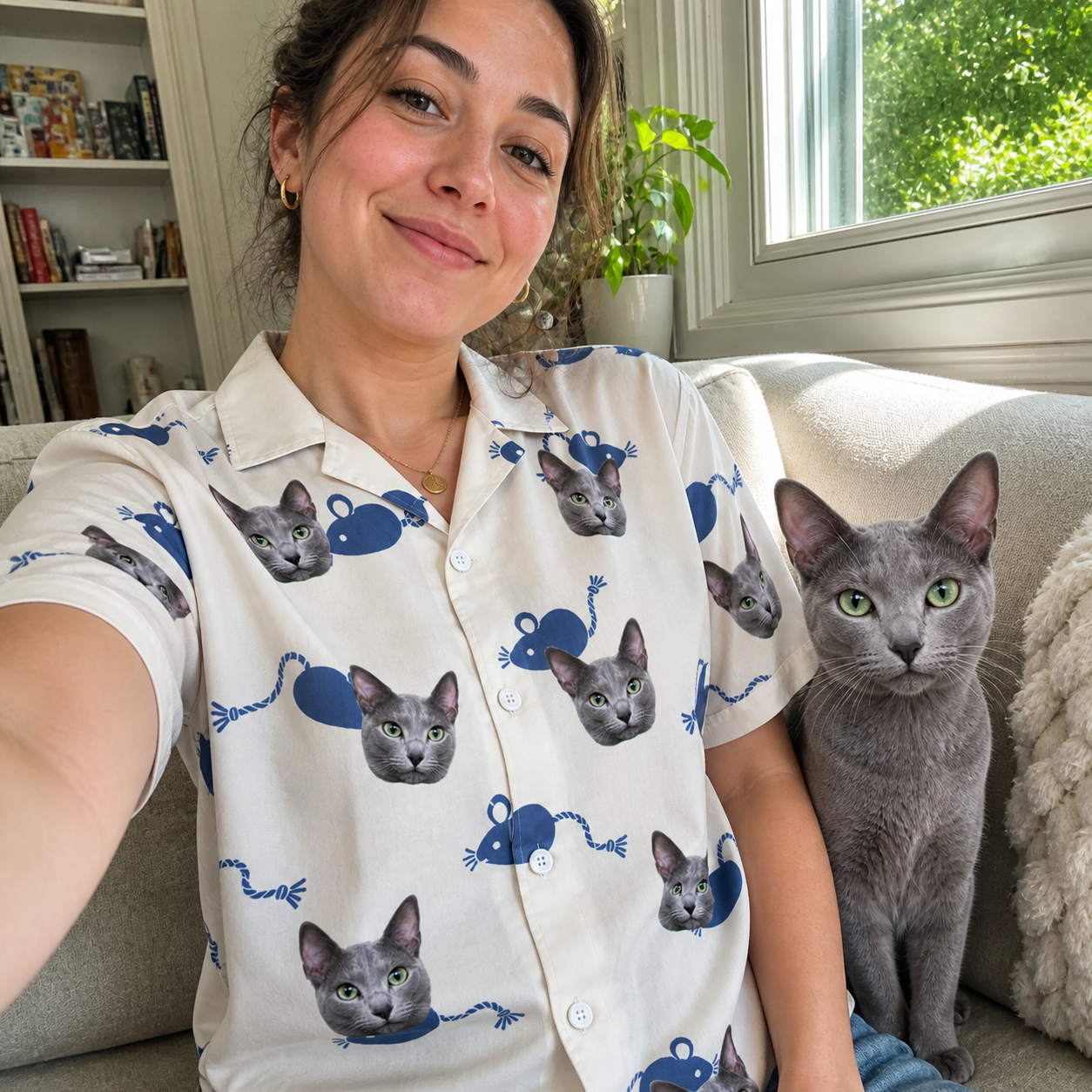 Selfie with the pet whose face is printed all over this Women's Mouse Mêlée Custom Cat Face Hawaiian Shirt