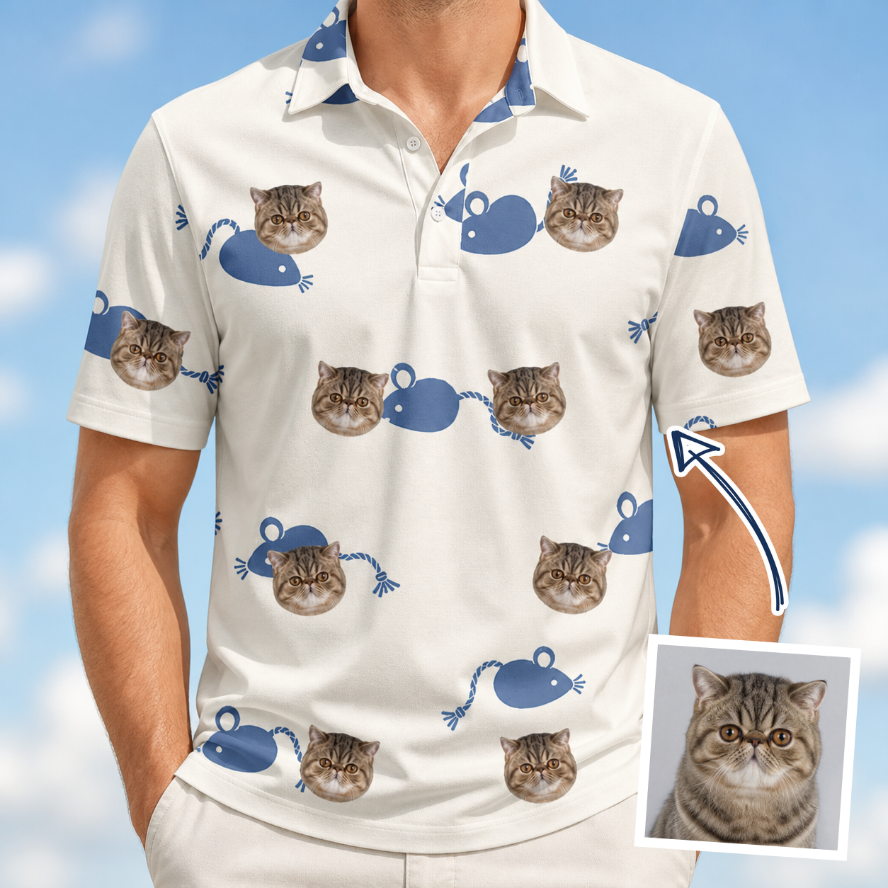 Man wearing Men's Mouse Mêlée Custom Cat Face Polo Shirt — custom faces printed all-over