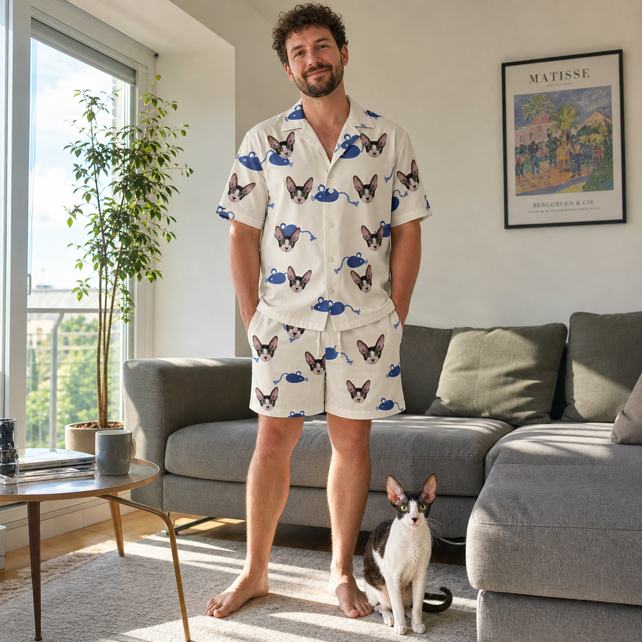 Full-length photo with the pet printed all over this Men's Mouse Mêlée Custom Cat Face Shirt & Shorts Set