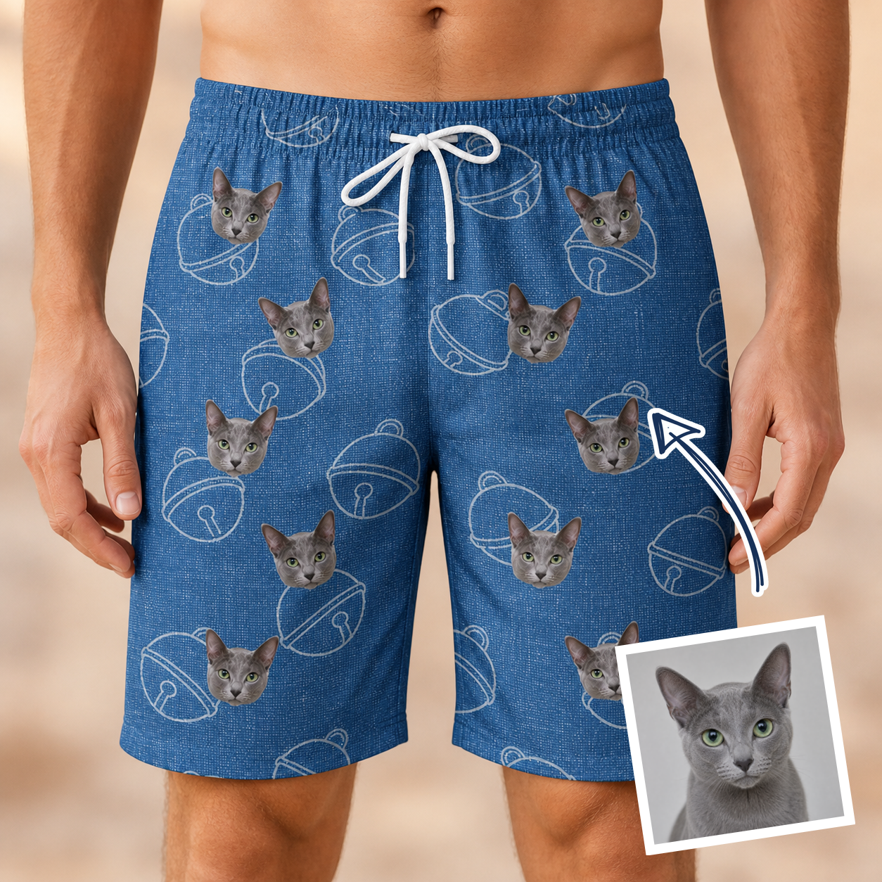 Man wearing Men's Tabby Tinkles Custom Cat Face Beach Shorts — custom faces printed all-over