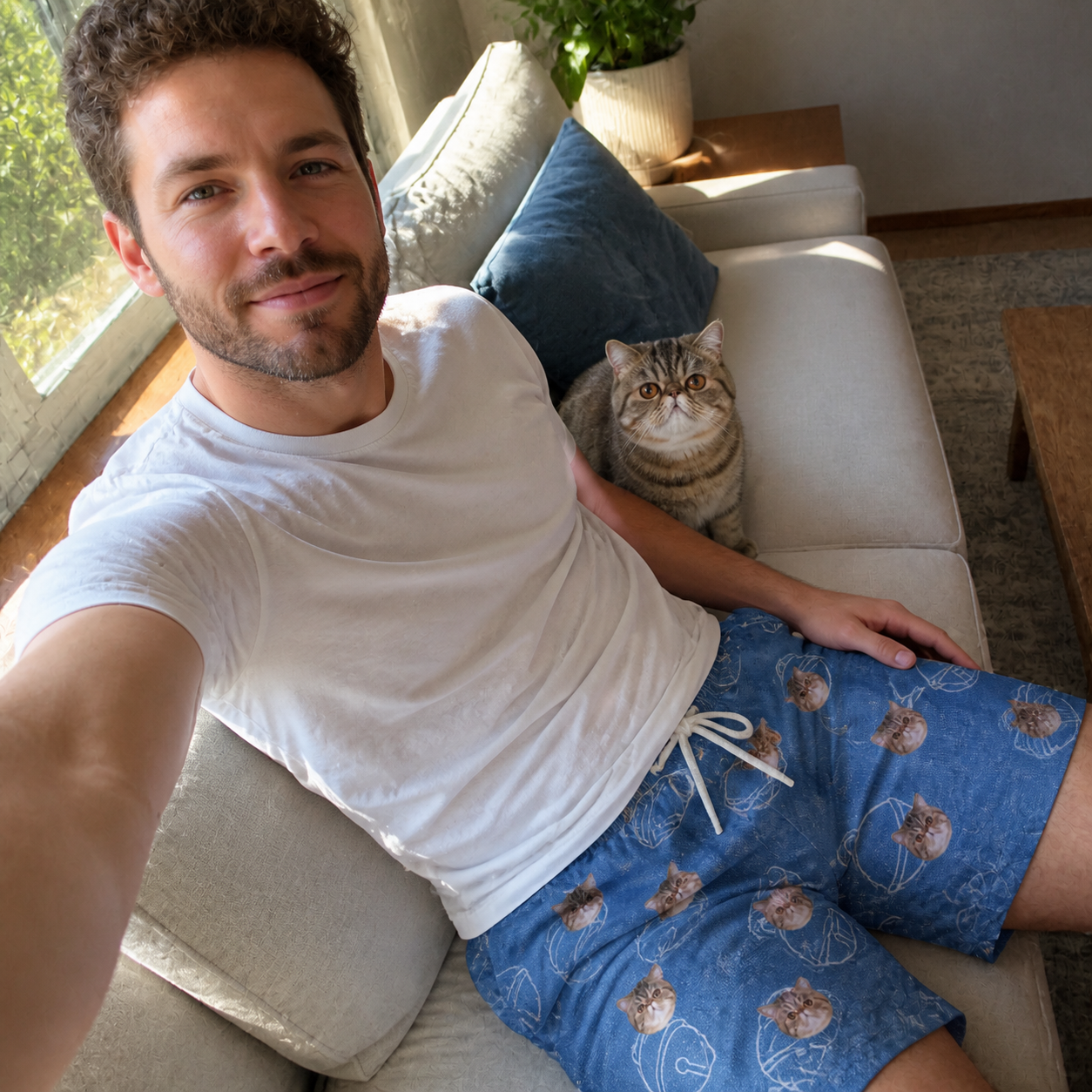 Selfie with the pet whose face is printed all over this Men's Tabby Tinkles Custom Cat Face Beach Shorts
