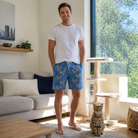 Full-length photo with the pet printed all over this Men's Tabby Tinkles Custom Cat Face Beach Shorts