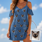 Woman wearing Women's Tabby Tinkles Custom Cat Face Off-Shoulder Dress — custom faces printed all-over