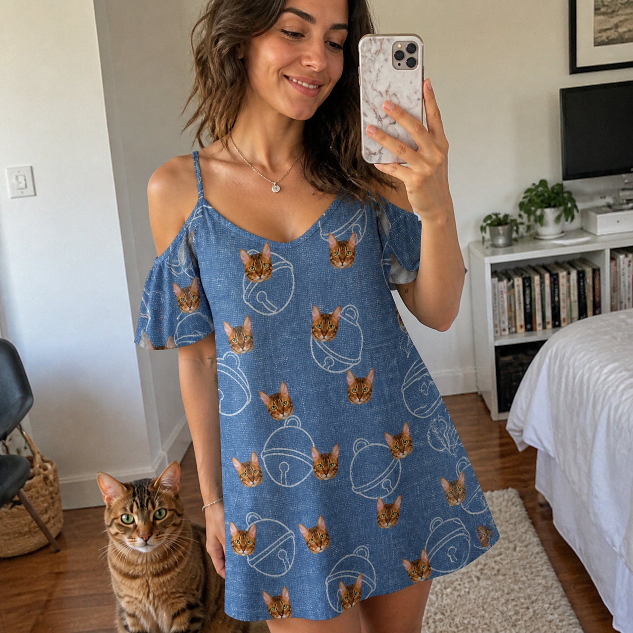 Selfie with the pet whose face is printed all over this Women's Tabby Tinkles Custom Cat Face Off-Shoulder Dress