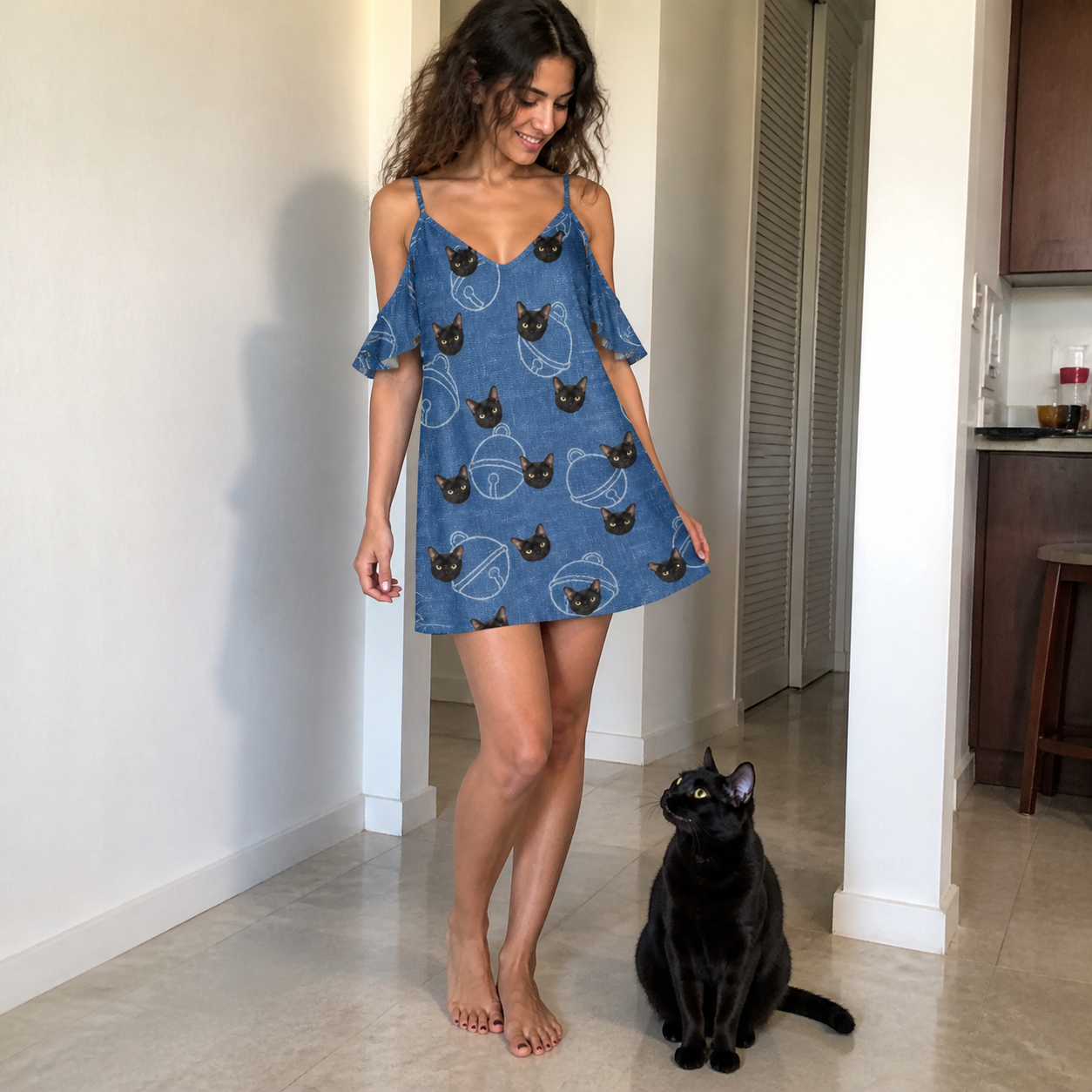 Full-length photo with the pet printed all over this Women's Tabby Tinkles Custom Cat Face Off-Shoulder Dress
