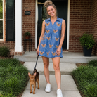 Full-length photo with the pet printed all over this Women's Tabby Tinkles Custom Cat Face V-Neck Dress