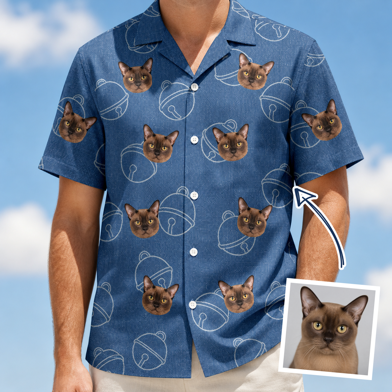 Man wearing Men's Tabby Tinkles Custom Cat Face Hawaiian Shirt — custom faces printed all-over