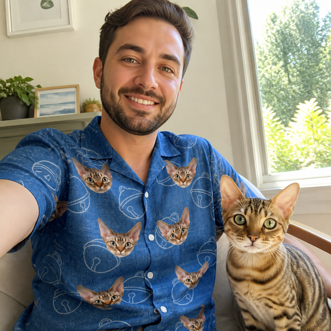Selfie with the pet whose face is printed all over this Men's Tabby Tinkles Custom Cat Face Hawaiian Shirt