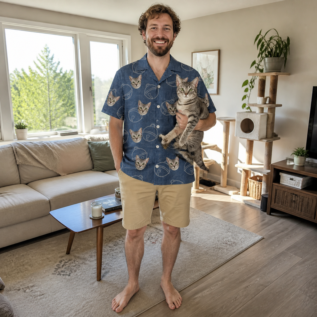 Full-length photo with the pet printed all over this Men's Tabby Tinkles Custom Cat Face Hawaiian Shirt