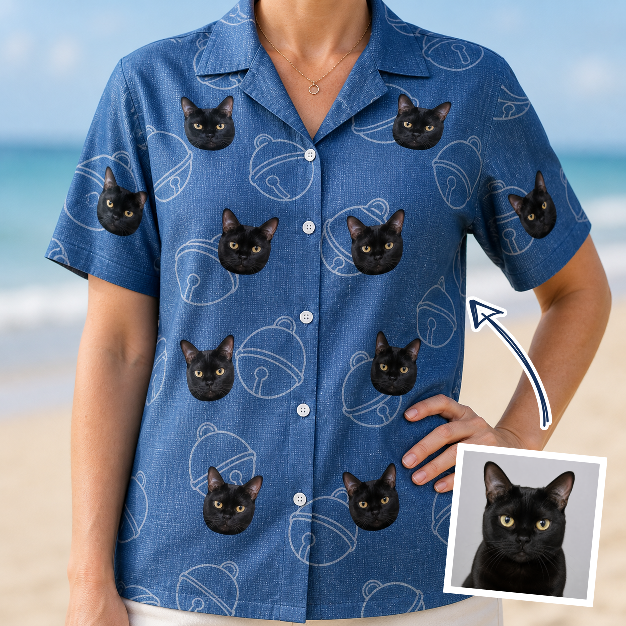 Woman wearing Women's Tabby Tinkles Custom Cat Face Hawaiian Shirt — custom faces printed all-over