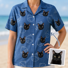 Woman wearing Women's Tabby Tinkles Custom Cat Face Hawaiian Shirt — custom faces printed all-over