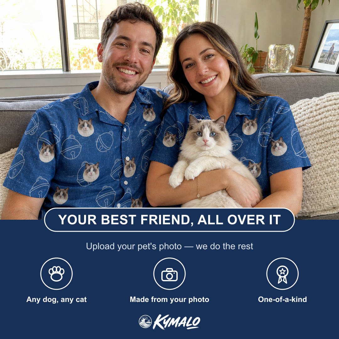 Friends in matching Women's Tabby Tinkles Custom Cat Face Hawaiian Shirt — a group gift photo