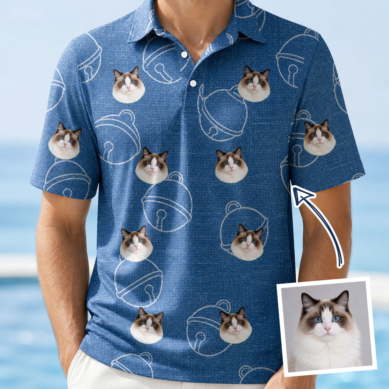 Man wearing Men's Tabby Tinkles Custom Cat Face Polo Shirt — custom faces printed all-over