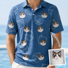 Man wearing Men's Tabby Tinkles Custom Cat Face Polo Shirt — custom faces printed all-over