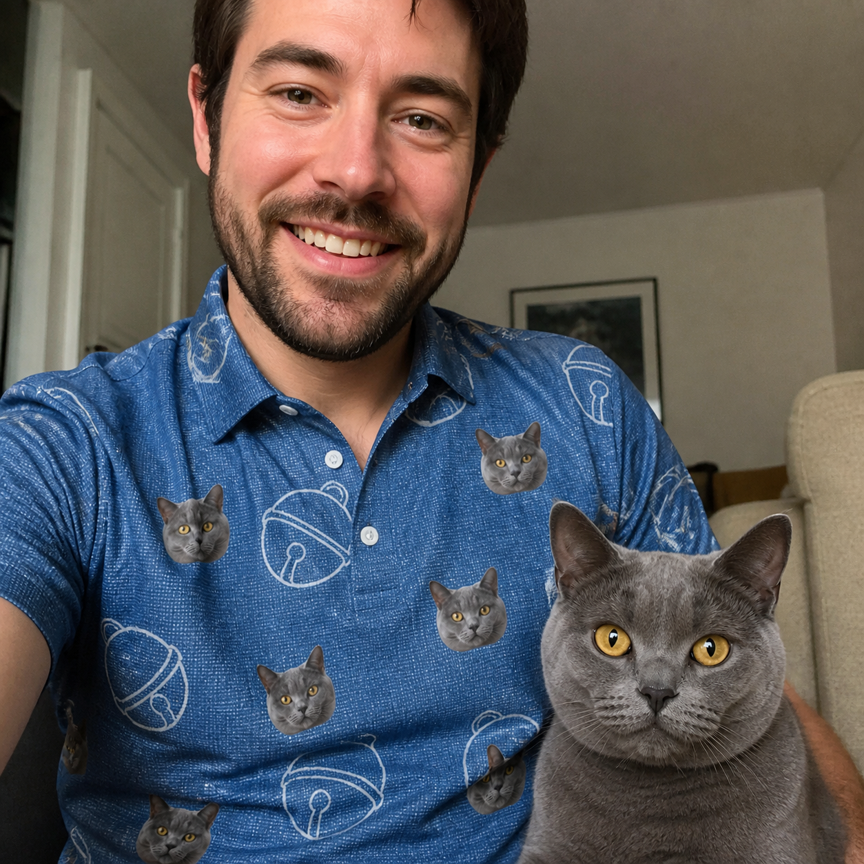 Selfie with the pet whose face is printed all over this Men's Tabby Tinkles Custom Cat Face Polo Shirt