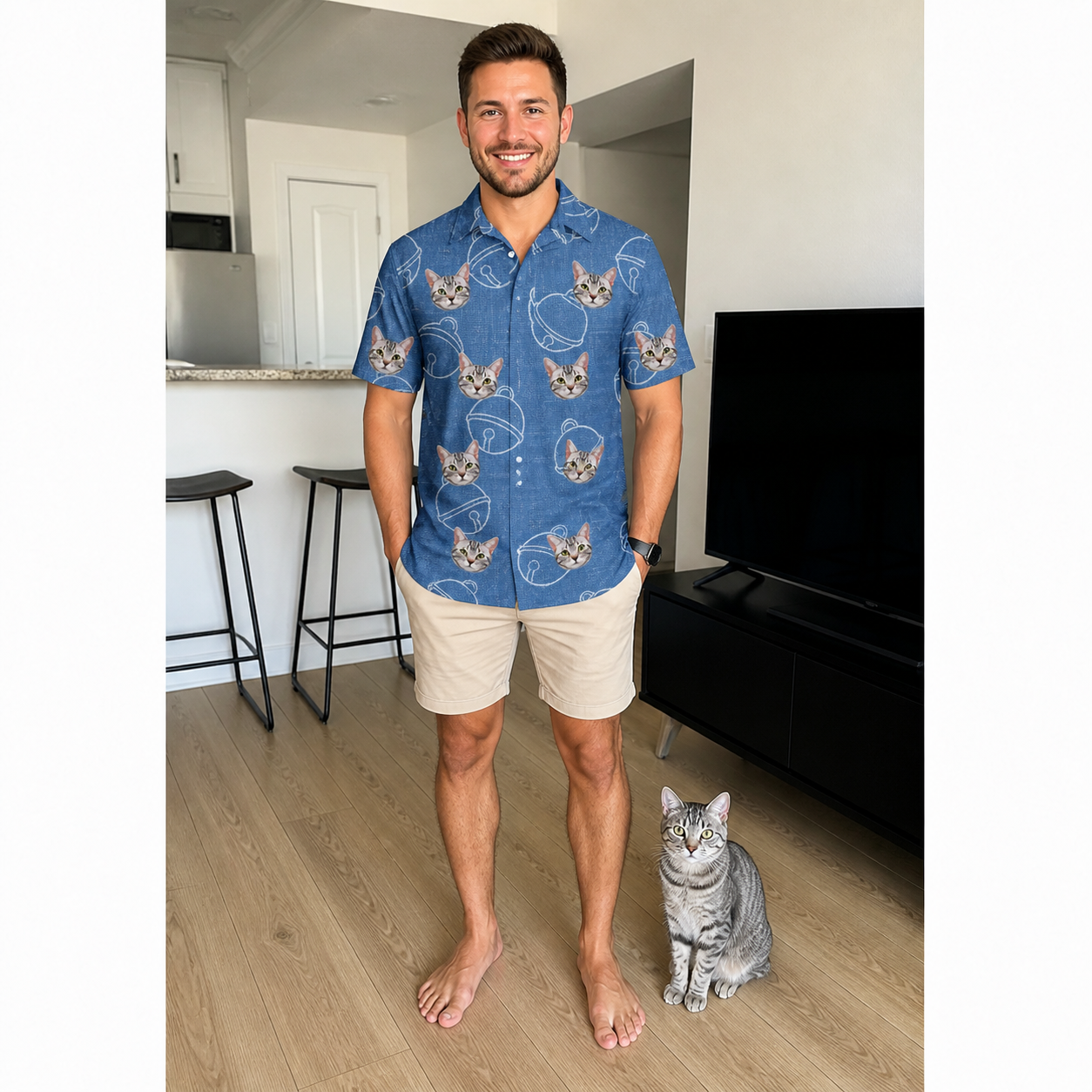 Full-length photo with the pet printed all over this Men's Tabby Tinkles Custom Cat Face Polo Shirt