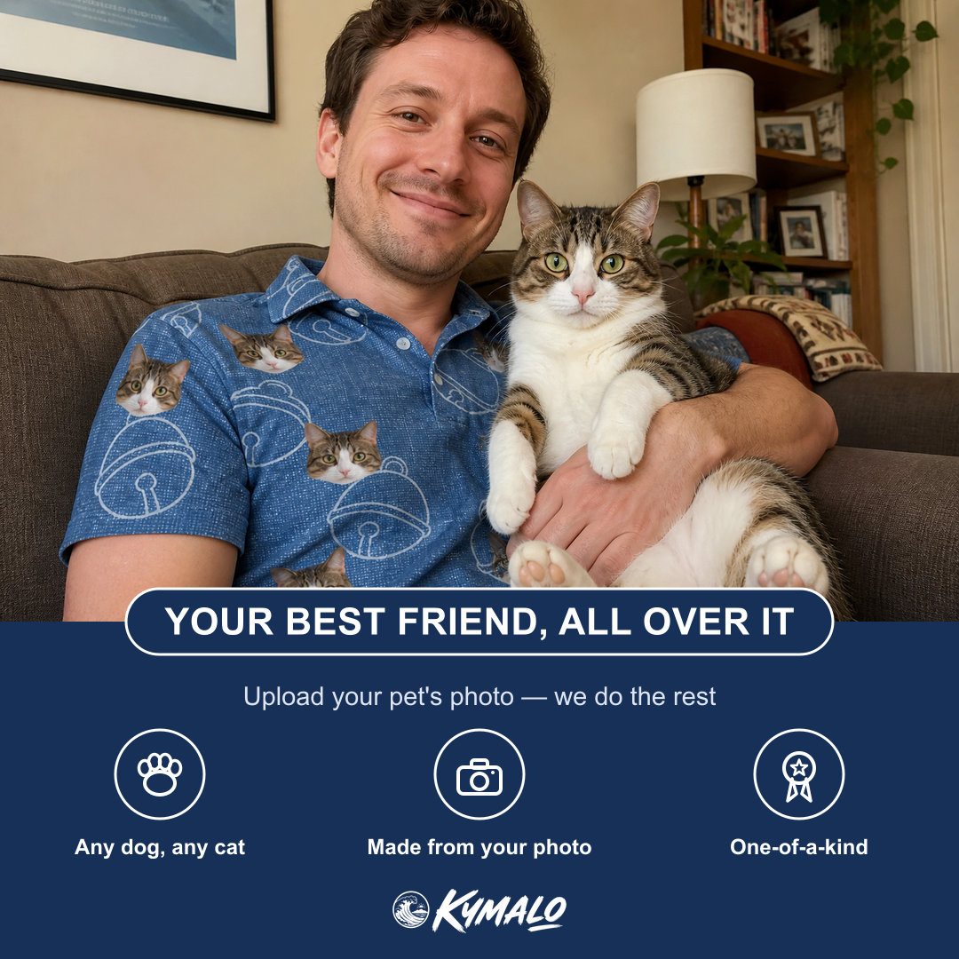 Friends in matching Men's Tabby Tinkles Custom Cat Face Polo Shirt — a group gift photo