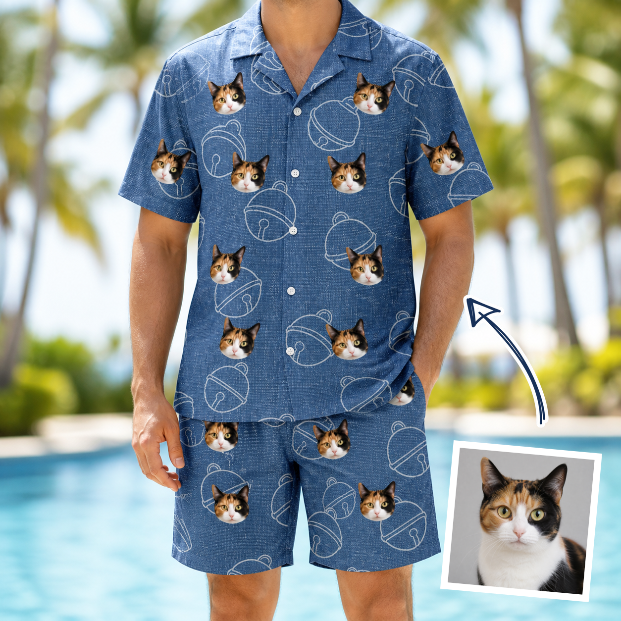Man wearing Men's Tabby Tinkles Custom Cat Face Shirt & Shorts Set — custom faces printed all-over
