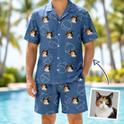 Man wearing Men's Tabby Tinkles Custom Cat Face Shirt & Shorts Set — custom faces printed all-over