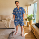 Full-length photo with the pet printed all over this Men's Tabby Tinkles Custom Cat Face Shirt & Shorts Set