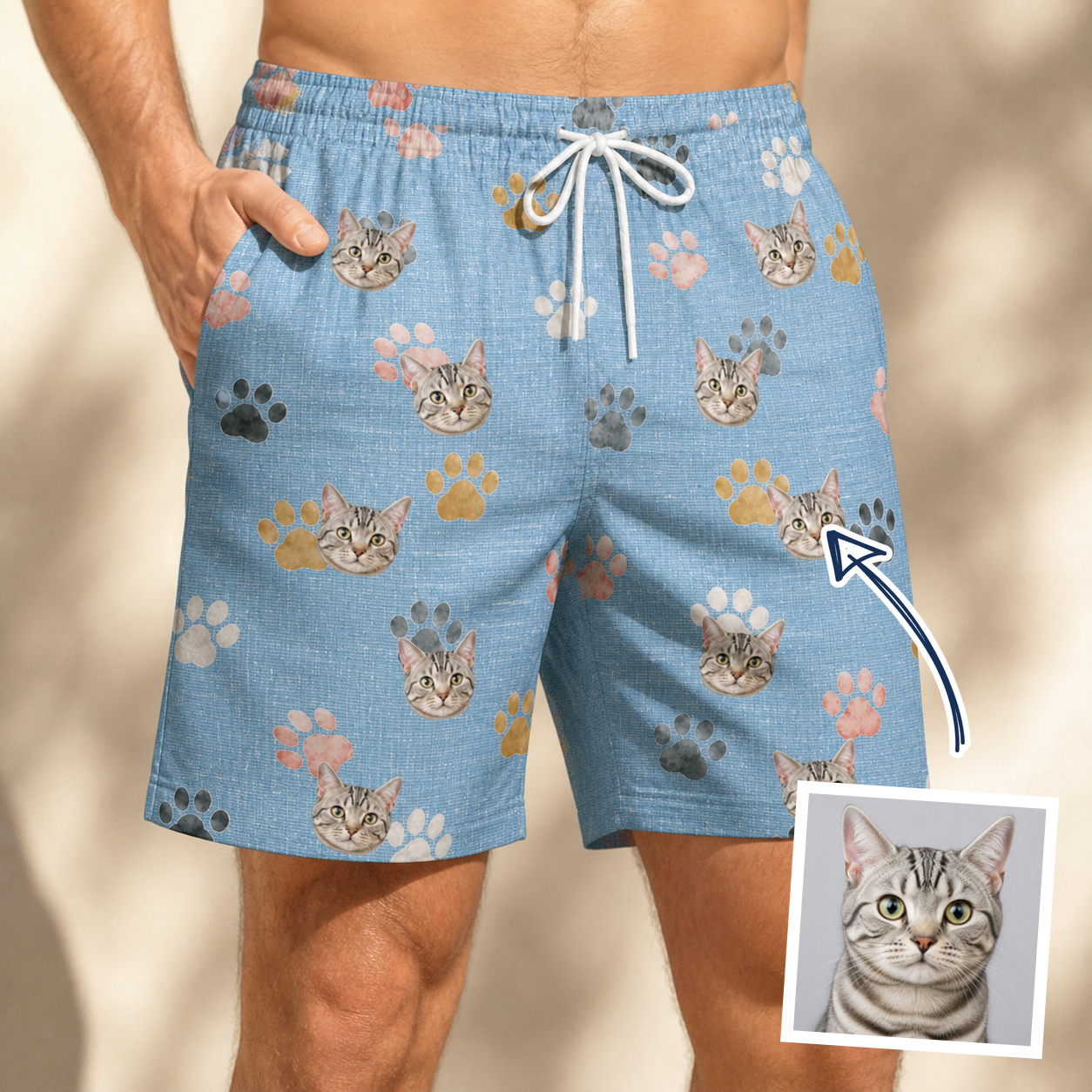 Man wearing Men's Toe Bean Trail Custom Cat Face Beach Shorts — custom faces printed all-over