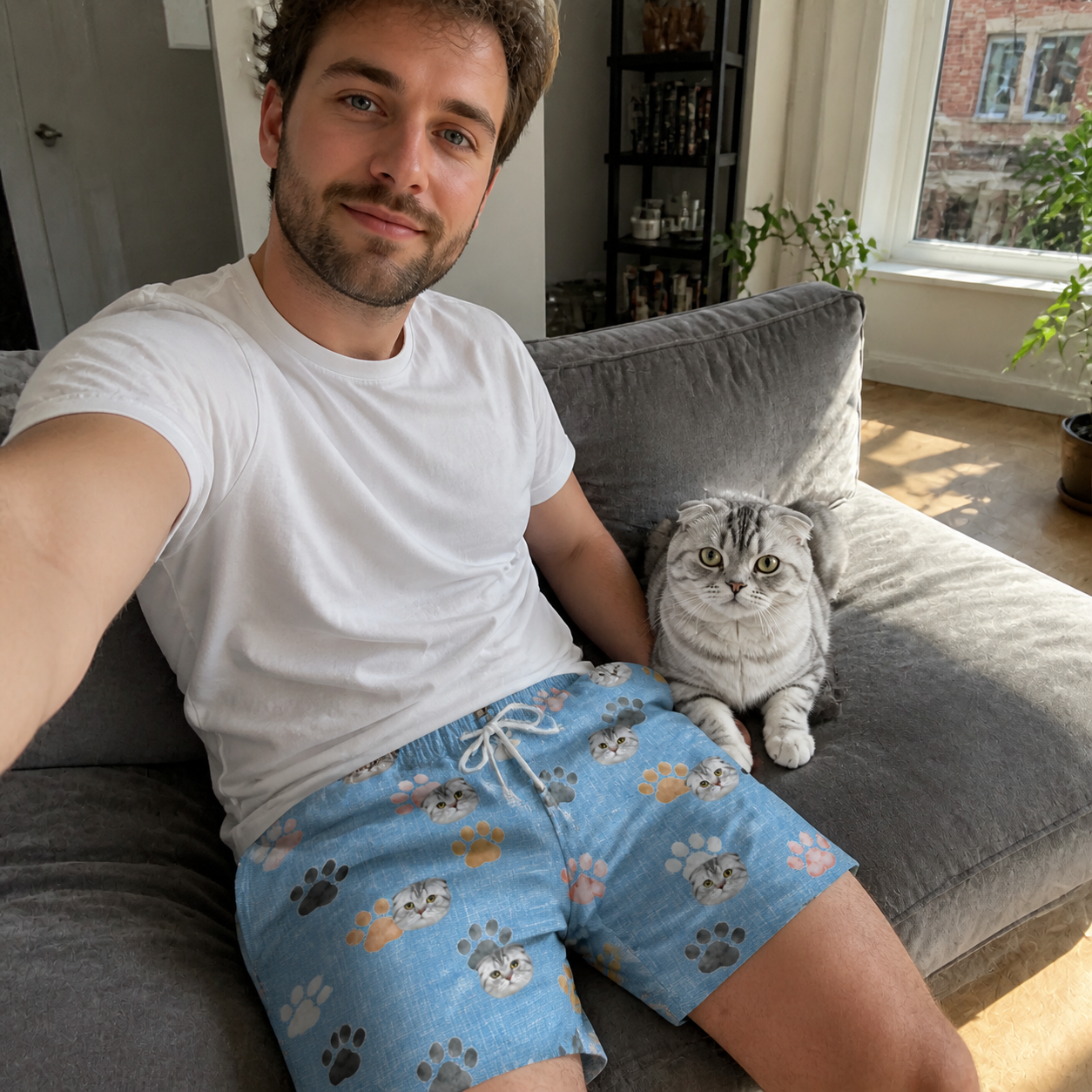 Selfie with the pet whose face is printed all over this Men's Toe Bean Trail Custom Cat Face Beach Shorts