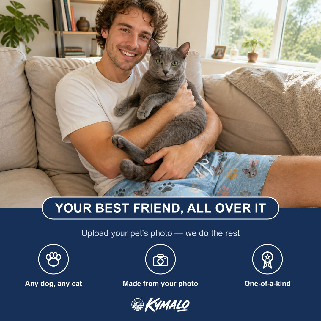 Friends in matching Men's Toe Bean Trail Custom Cat Face Beach Shorts — a group gift photo