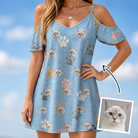 Woman wearing Women's Toe Bean Trail Custom Cat Face Off-Shoulder Dress — custom faces printed all-over