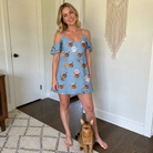 Full-length photo with the pet printed all over this Women's Toe Bean Trail Custom Cat Face Off-Shoulder Dress