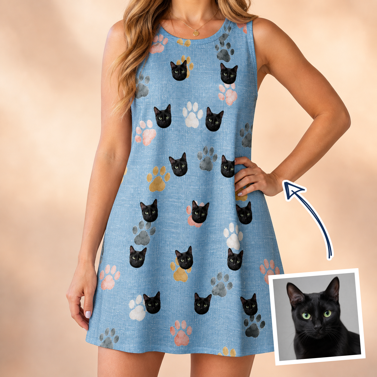 Woman wearing Women's Toe Bean Trail Custom Cat Face Tank Dress — custom faces printed all-over