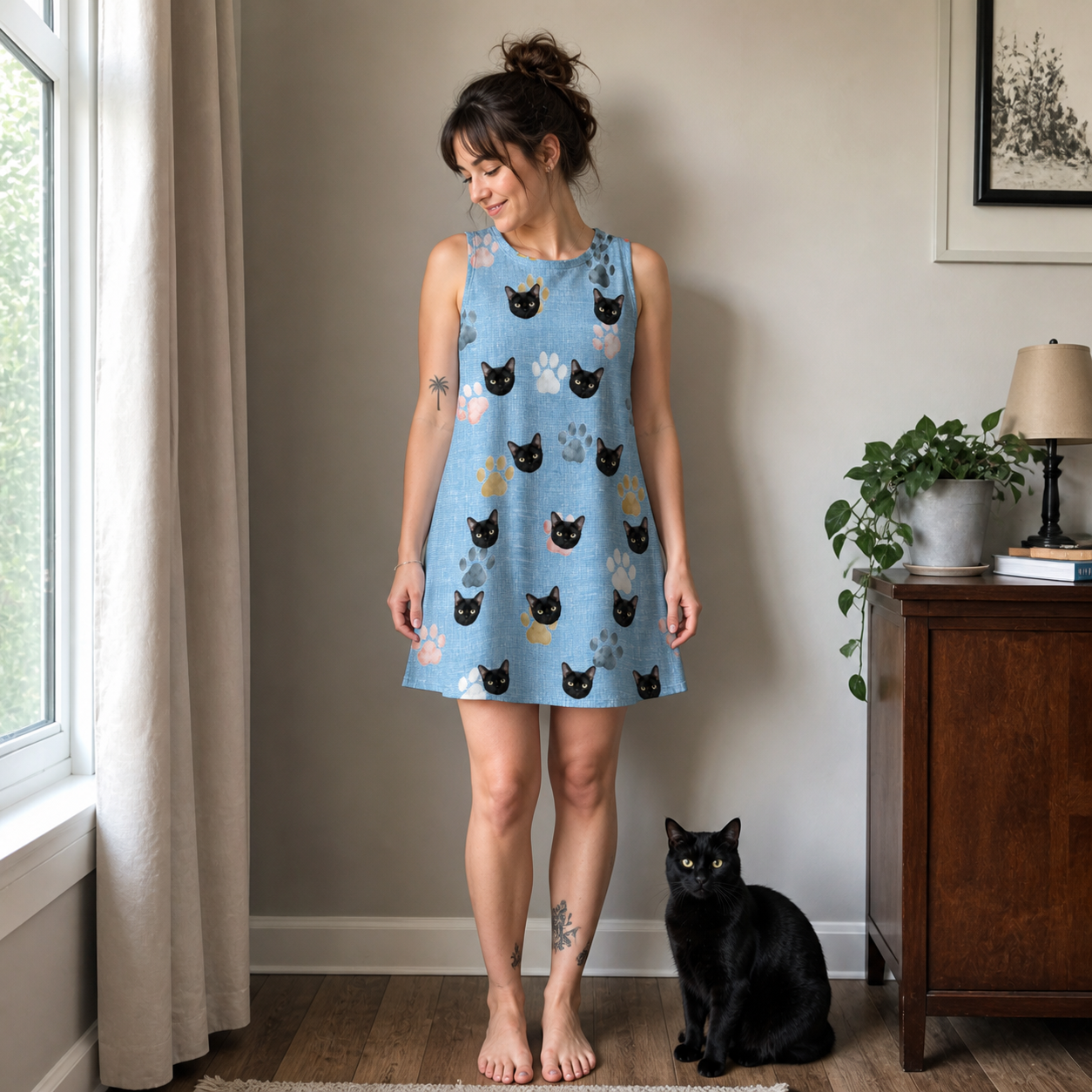 Full-length photo with the pet printed all over this Women's Toe Bean Trail Custom Cat Face Tank Dress