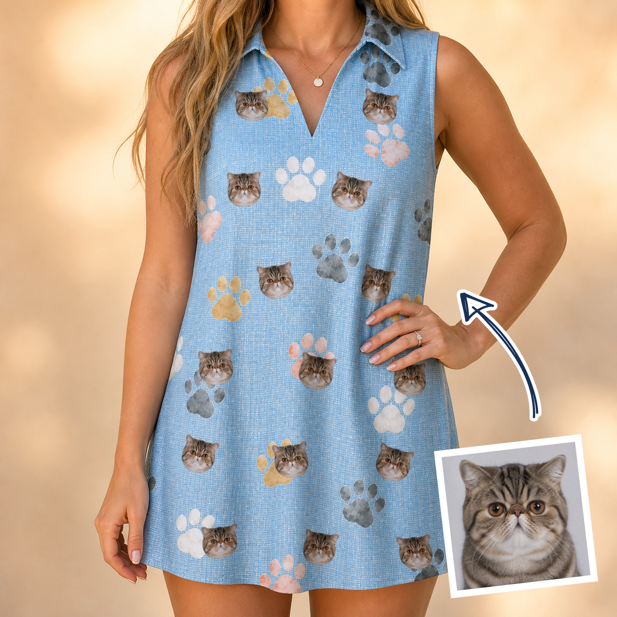 Woman wearing Women's Toe Bean Trail Custom Cat Face V-Neck Dress — custom faces printed all-over