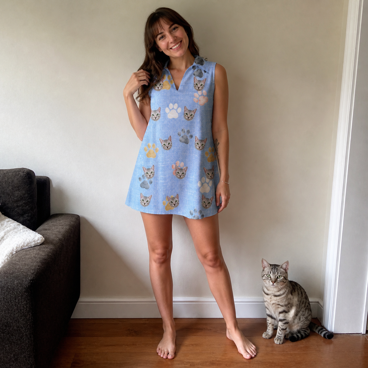 Full-length photo with the pet printed all over this Women's Toe Bean Trail Custom Cat Face V-Neck Dress