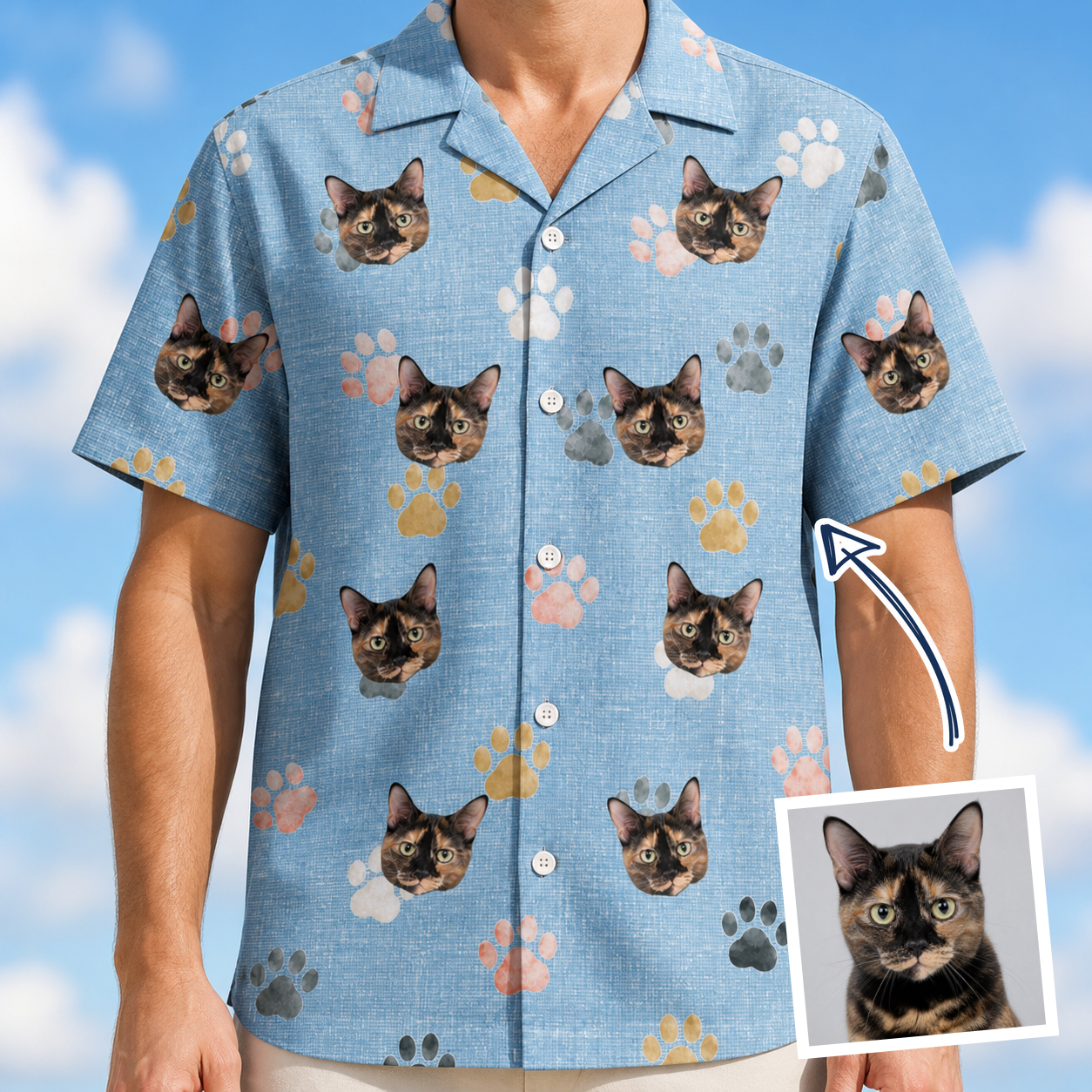 Man wearing Men's Toe Bean Trail Custom Cat Face Hawaiian Shirt — custom faces printed all-over