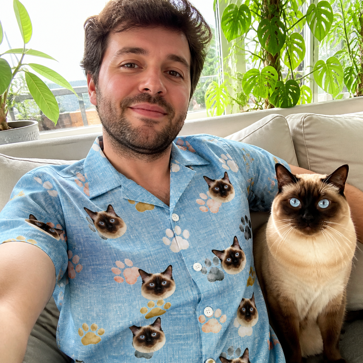 Selfie with the pet whose face is printed all over this Men's Toe Bean Trail Custom Cat Face Hawaiian Shirt