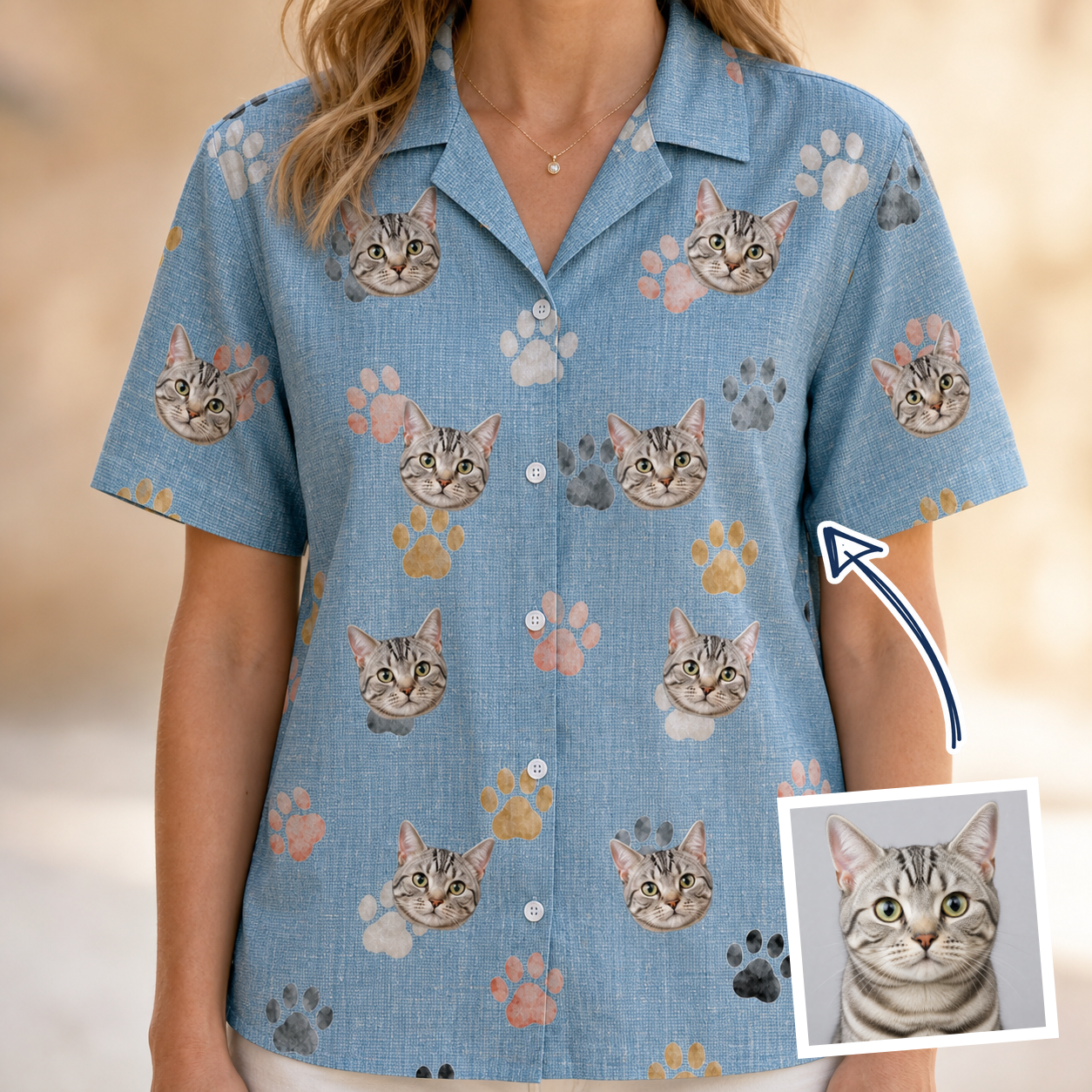 Woman wearing Women's Toe Bean Trail Custom Cat Face Hawaiian Shirt — custom faces printed all-over