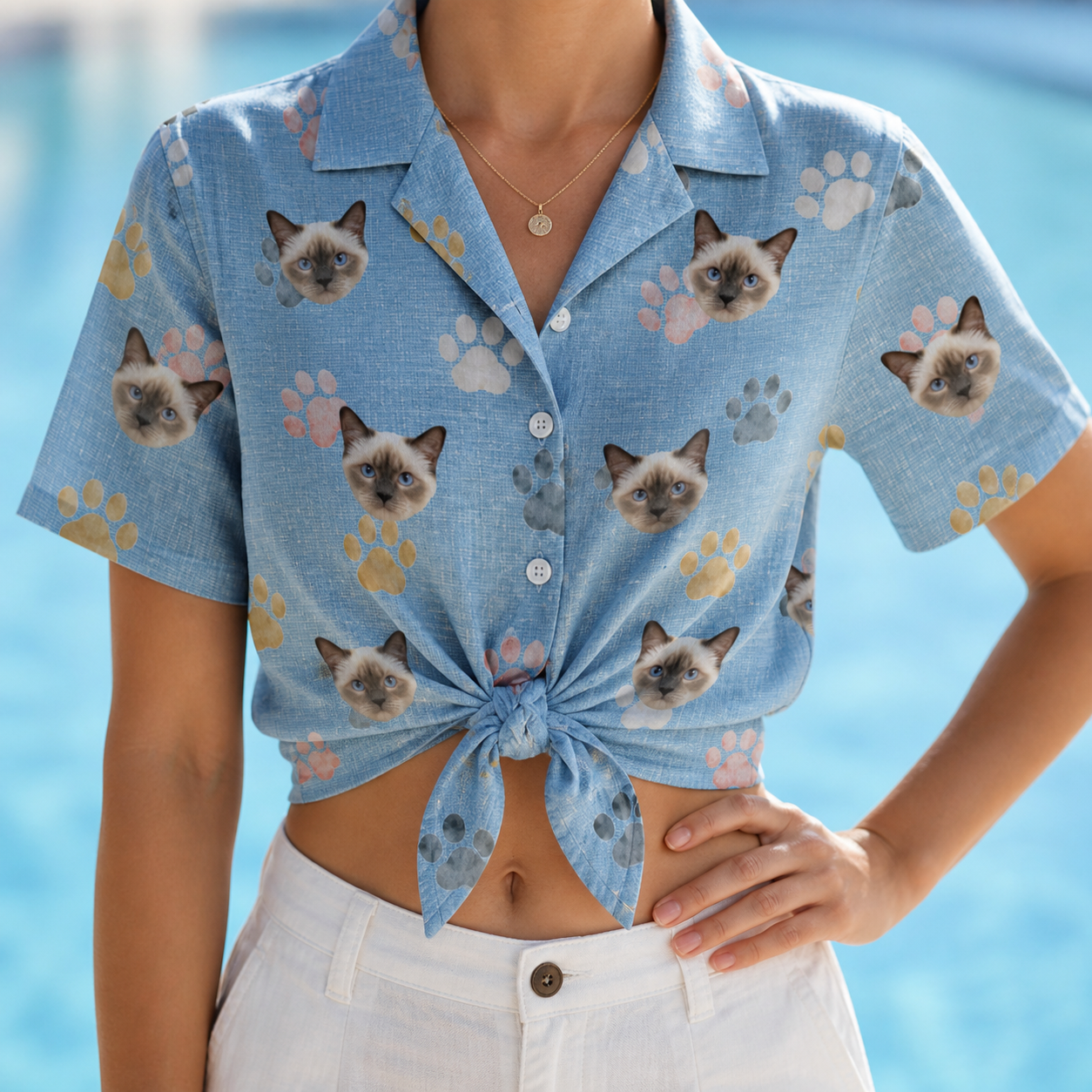 Woman wearing Women's Toe Bean Trail Custom Cat Face Hawaiian Shirt tied at the waist