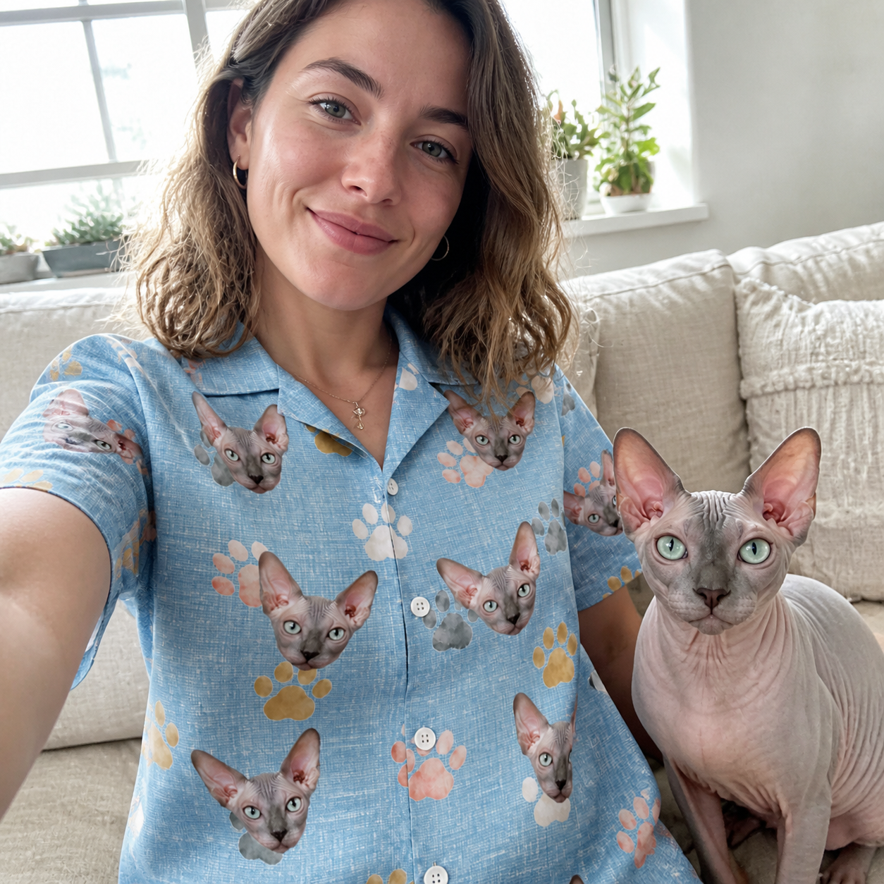 Selfie with the pet whose face is printed all over this Women's Toe Bean Trail Custom Cat Face Hawaiian Shirt