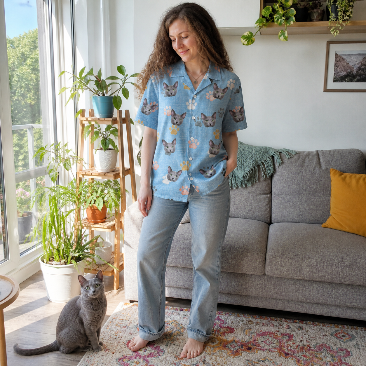 Full-length photo with the pet printed all over this Women's Toe Bean Trail Custom Cat Face Hawaiian Shirt